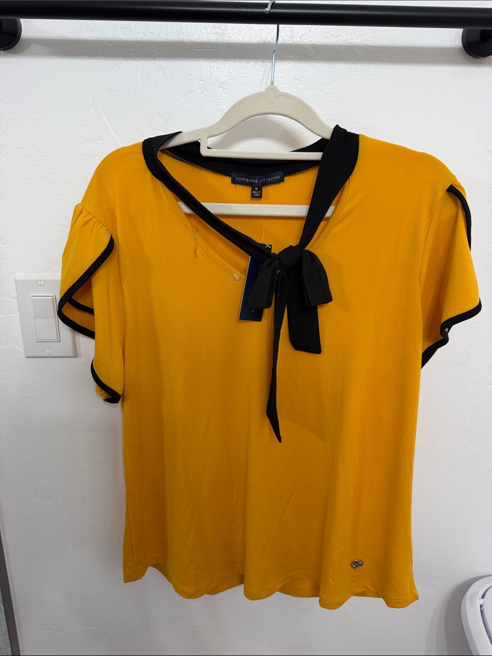 Adrienne Vittadini Mustard Yellow Tie-Neck Blouse with Black Trim